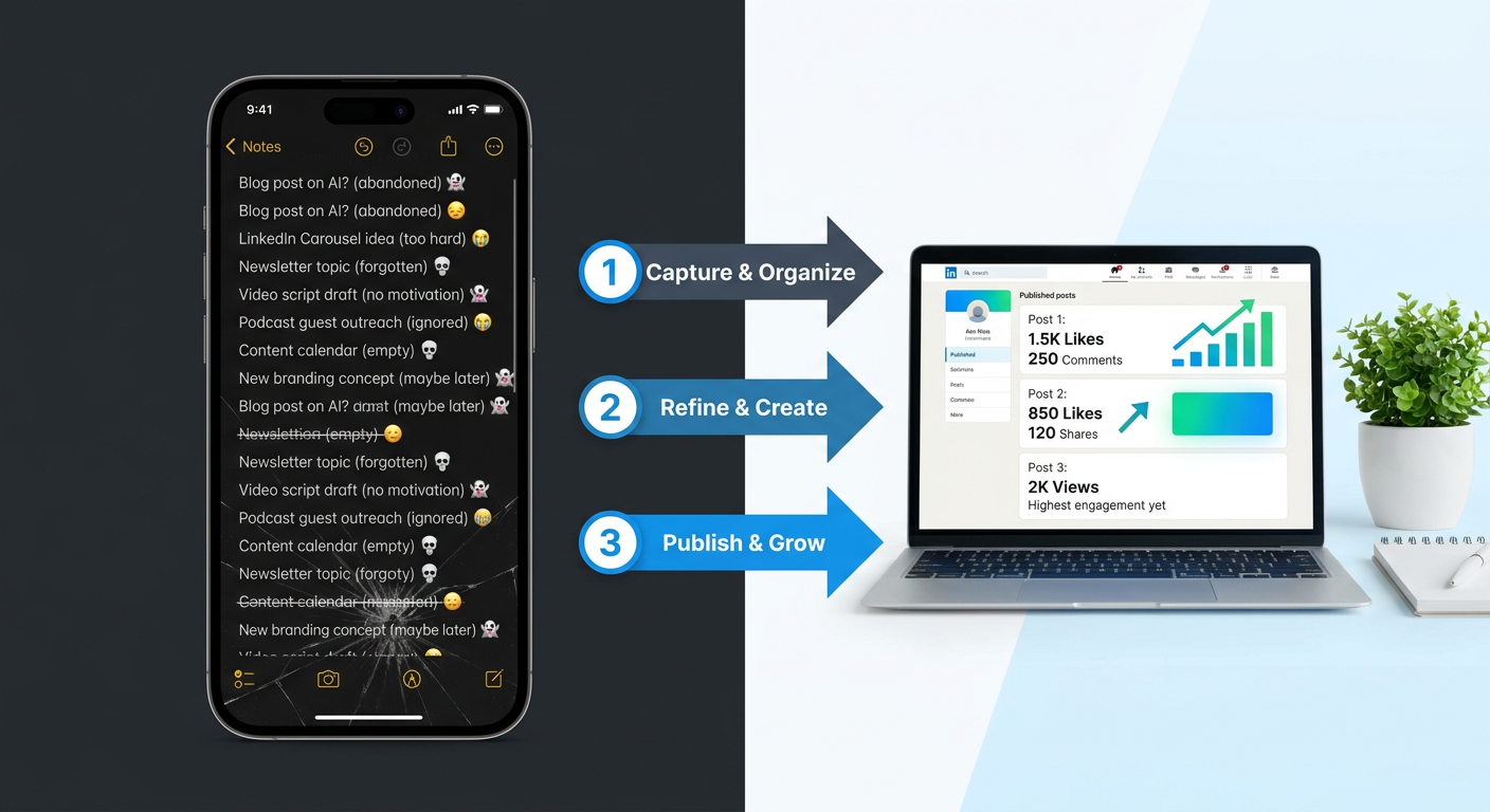 Why Your Best Content Ideas Die in Your Notes App (And the 3-Step AI System to Ship Them Daily) - Cover Image